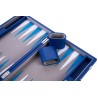 Blue backgammon set with a blue and white interior