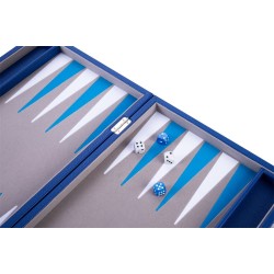 Blue backgammon set with a blue and white interior