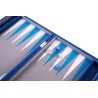 Blue backgammon set with a blue and white interior