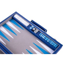 Blue backgammon set with a blue and white interior
