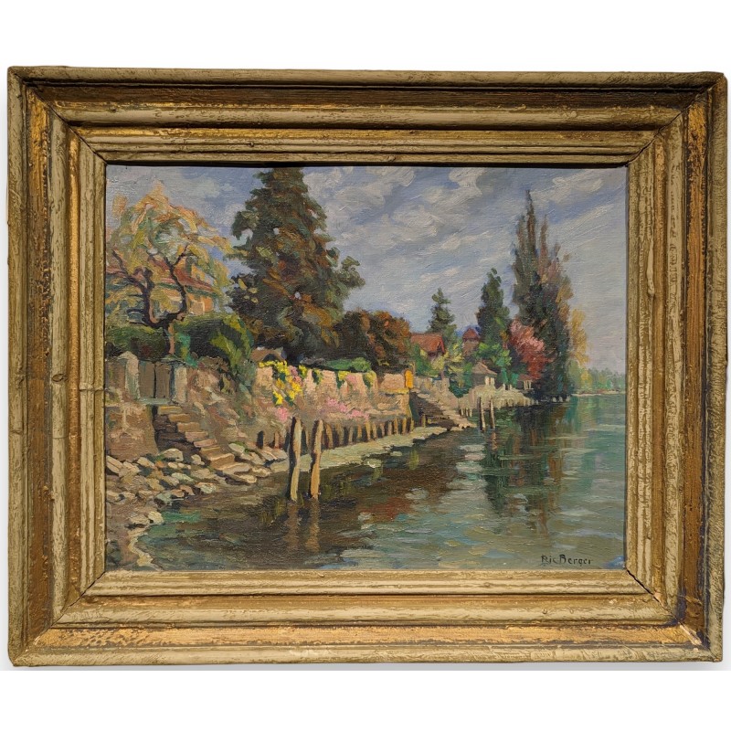 Tableau \"Quai à Morges\" signé Ric BERGER