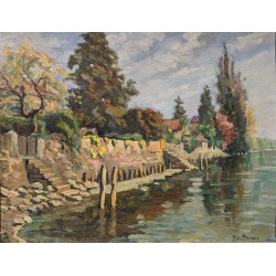 Tableau \"Quai à Morges\" signé Ric BERGER