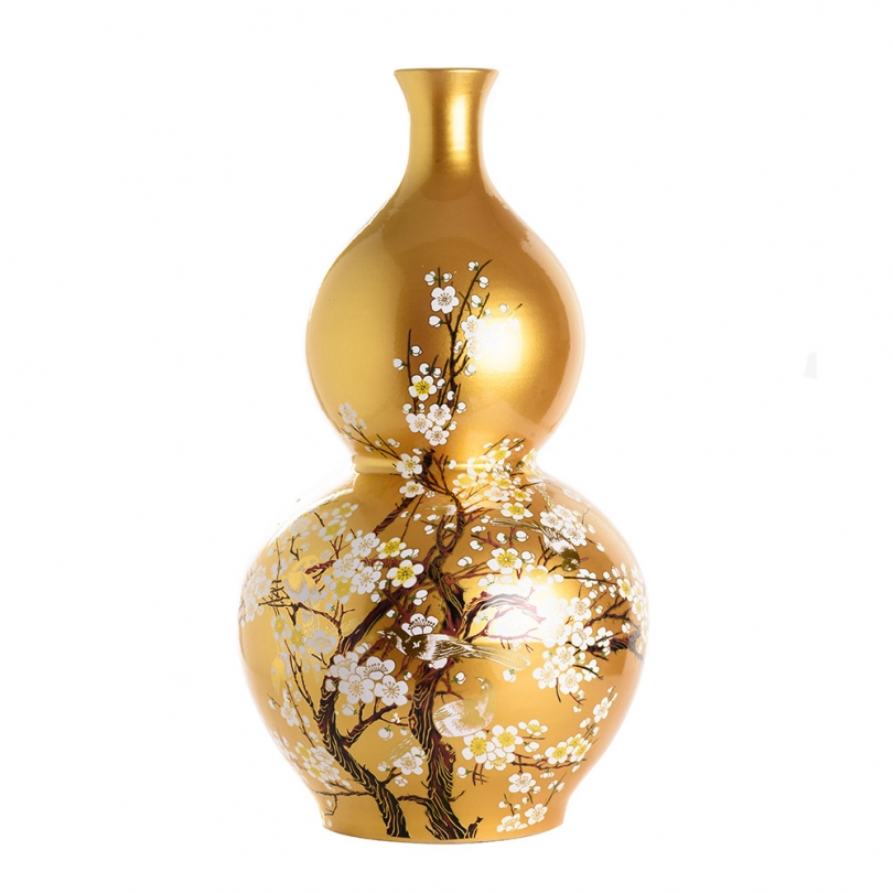 Vase double gourde décor cerisier fond or