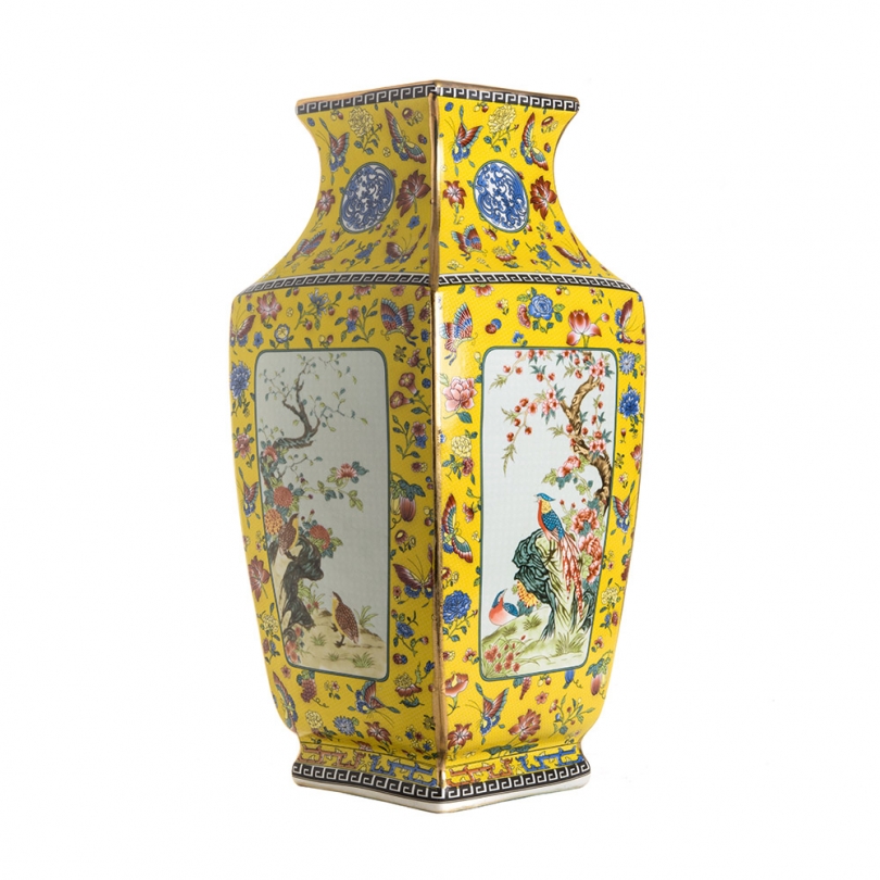 Vase carré Jaune Oiseaux