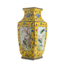 Yellow Square Vase with Birds