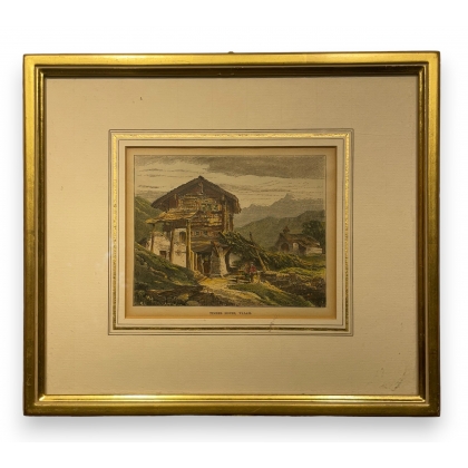 Gravure aquarellée "Timber house, Valais"