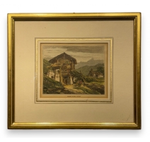 Gravure aquarellée "Timber house, Valais"