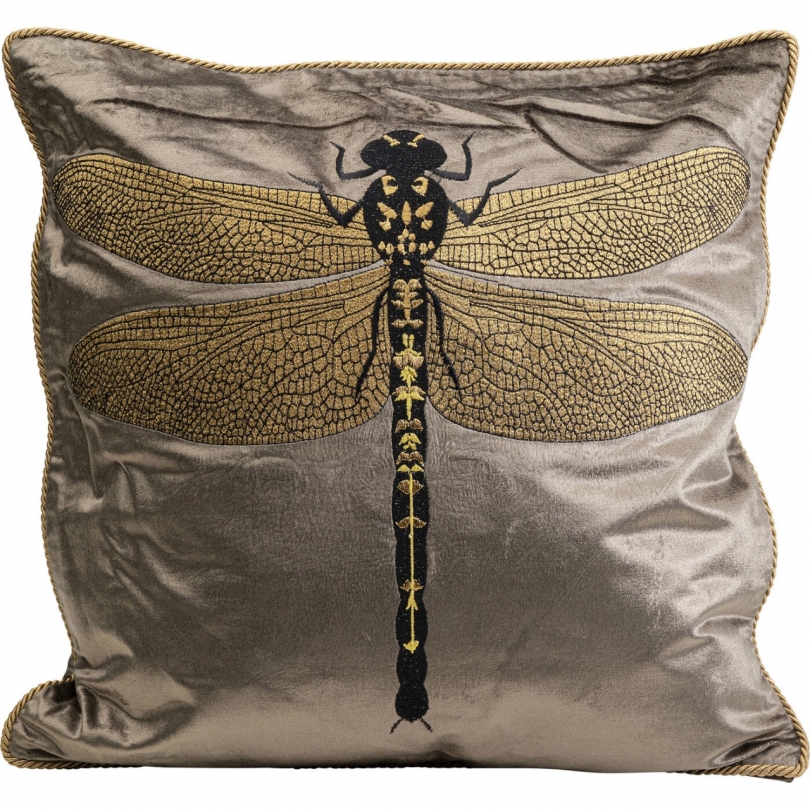 Coussin brodé libellule marron