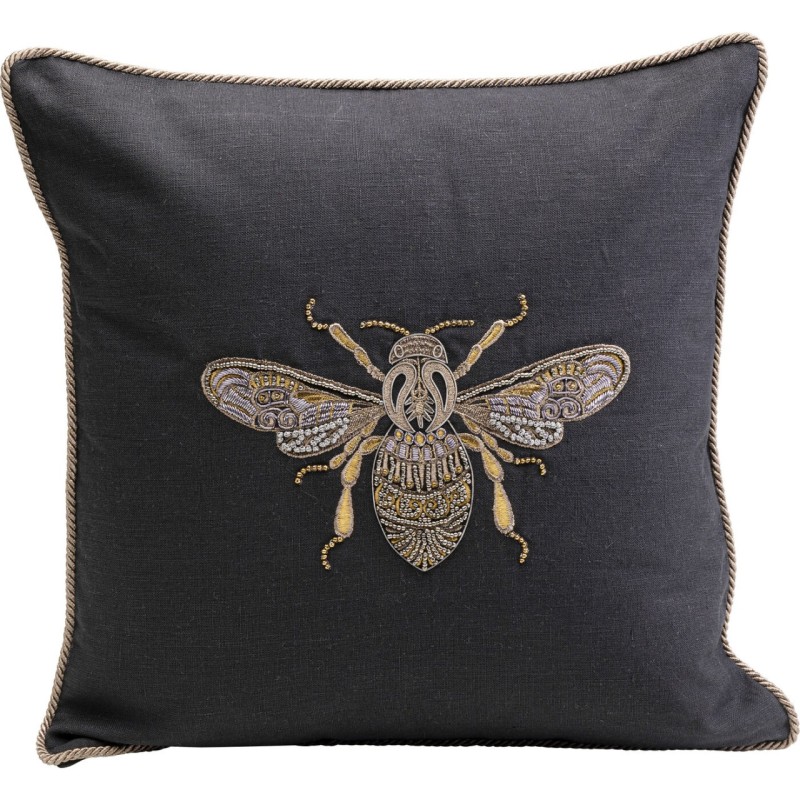 Black bee-embroidered cushion