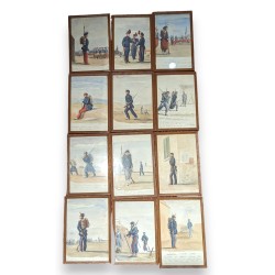 Suite de 12 aquarelles militaires
