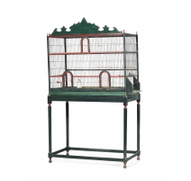 Cage à oiseaux en bois peint vert et rouge