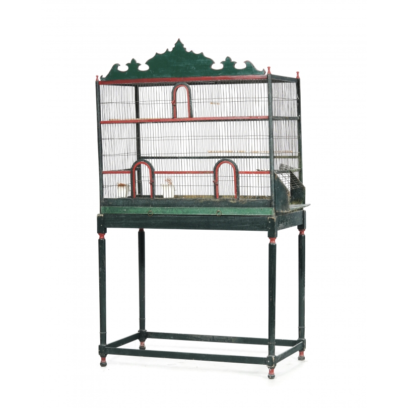 Cage à oiseaux en bois peint vert et rouge