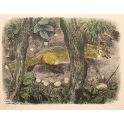 Engraving entitled ‘Fox on the Lookout’, signed RIME
