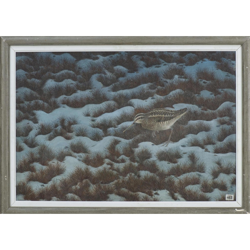 Gouache "Bécasse dans la neige" signé OKUNU