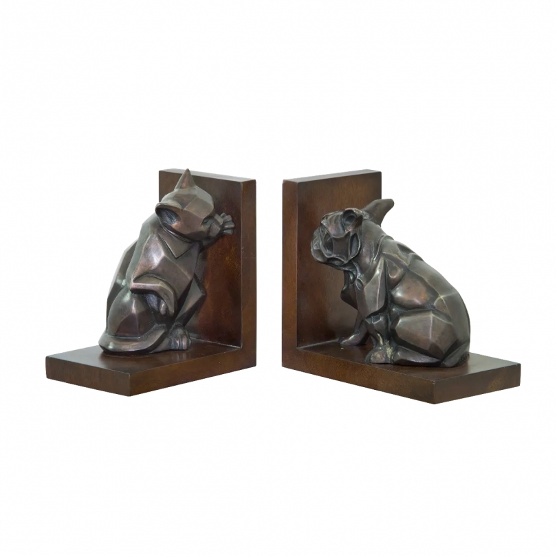 Paire de serre-livres Chien et Chat en bronze