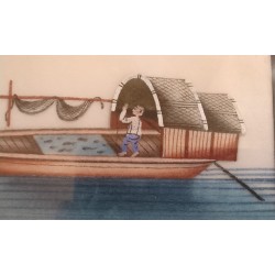 Paire de peintures chinoises \"Barques\"