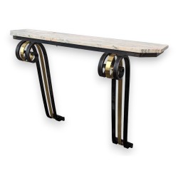 Art Deco console table in wrought iron, brass and marble