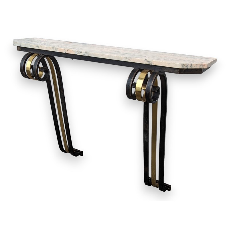 Art Deco console table in wrought iron, brass and marble