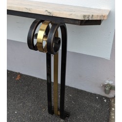 Art Deco console table in wrought iron, brass and marble