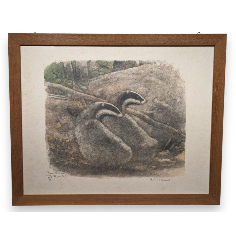 Gravure "Couple de blaireaux", signée HAINARD