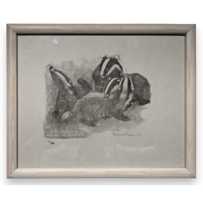 Gravure "Tas de blaireaux", signée HAINARD