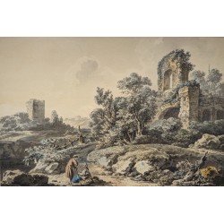 Dessin "Ruine de château" signé B.A. DUNKER