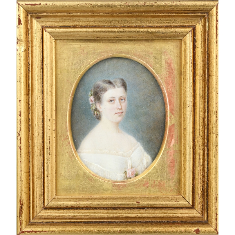 Portrait miniature Dame aux roses