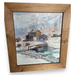 Tableau \"Chalets en hiver\" monogrammé LAA