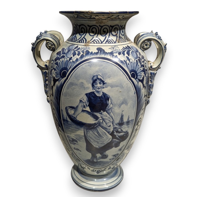 "Return from Fishing" handled vase in Delftware