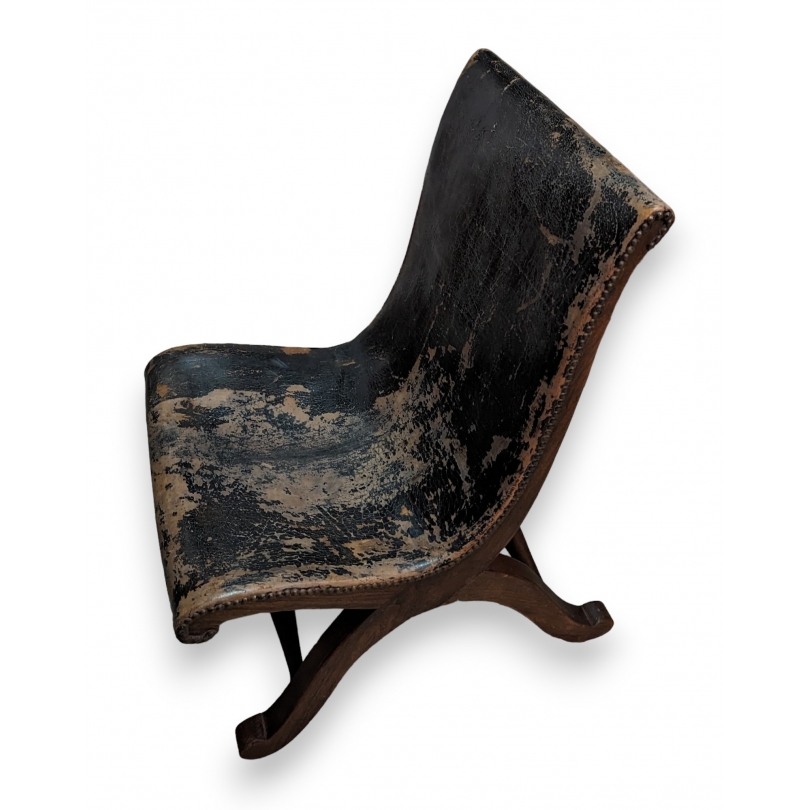 Chaise de cheminée en cuir et chêne LOTTIER