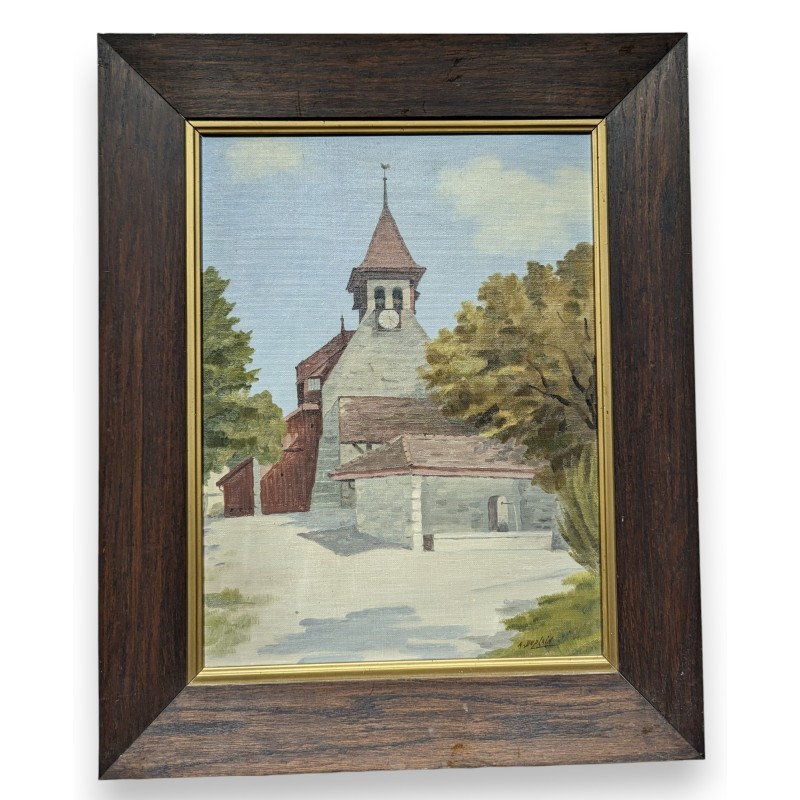 Tableau \"Eglise vaudoise\" signé A. DUPLAIN