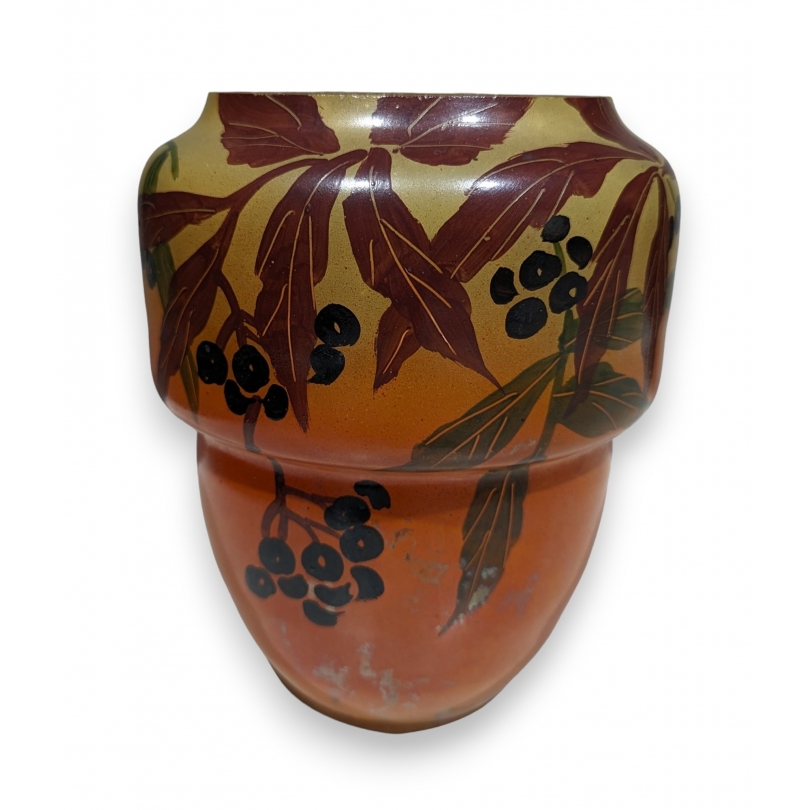 Vase en verre peint "Cornouiller" signé LEG