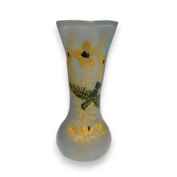 Painted glass vase ‘Kingfisher’, signed LEG