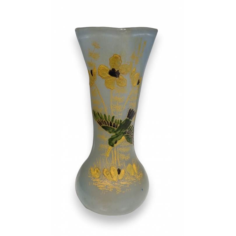 Vase en verre peint "Martin-pêcheur" signé LEG