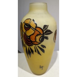 Painted glass vase ‘Flowers’, signed LEG