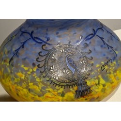 "Peacock" enamelled glass vase, signed LEGRAS