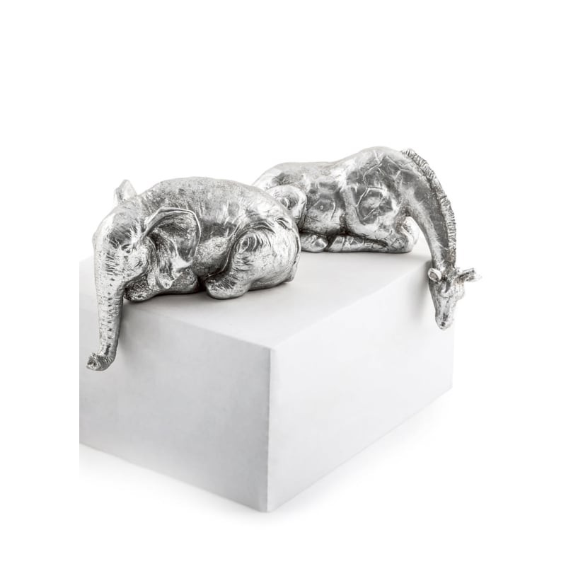Paire de sculptures Eléphant et girafe argenté