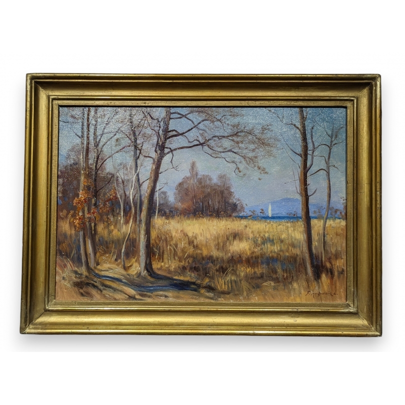 Tableau "Bord de lac" signé F. HUGUENIN L